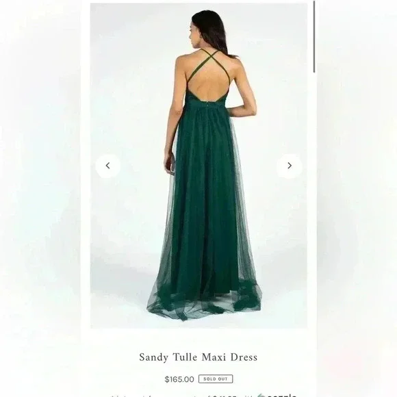 Luxxel Sandy Tulle Emerald Green Low-V-Neck Long Dress with Double Slits SZ  SM